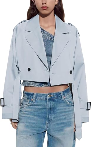 Vimyig Damen Cropped Trenchcoat Casual Revers Zweireihig Kurze Jacke Oberbekleidung mit Gürtel, Hellblau, XL von Vimyig