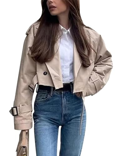 Vimyig Damen Cropped Trenchcoat Casual Revers Zweireihig Kurze Jacke Oberbekleidung mit Gürtel, Khaki, S von Vimyig