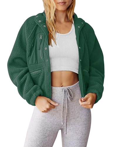 Vimyig Leichte Cropped Fuzzy Fleece Jacke für Frauen Winter Warme Sherpa Jacken Mantel Oberbekleidung mit Taschen, Grün , L von Vimyig
