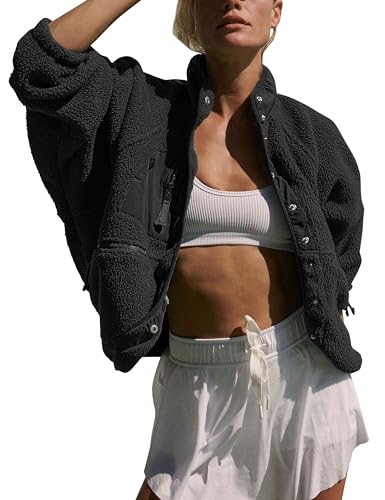 Vimyig Leichte Cropped Fuzzy Fleece Jacke für Frauen Winter Warme Sherpa Jacken Mantel Oberbekleidung mit Taschen, Schwarz, L von Vimyig