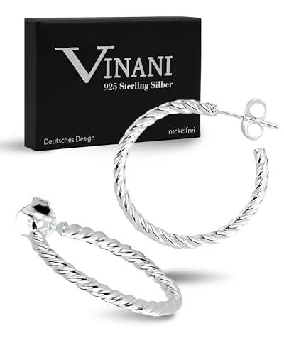 Vinani Halb Creolen Ohrstecker mittel rund gedeht glänzend Sterling Silber 925 Ohrringe 2CFL von Vinani