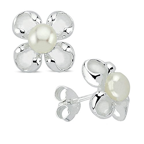 Vinani Ohrstecker Blume Frühling mit Süßwasserzuchtperle glänzend gebürstet Sterling Silber 925 Natur Perle Blüte Ohrringe 2OSF von Vinani