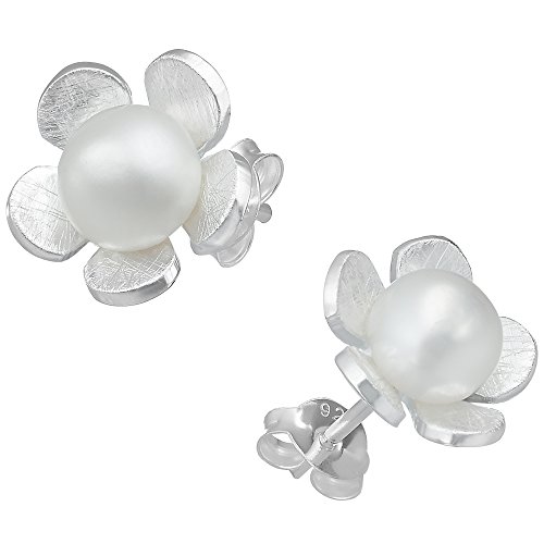 Vinani Ohrstecker Blume mit Natur Perle gebürstet Sterling Silber 925 Ohrringe Blüte 2OBP von Vinani