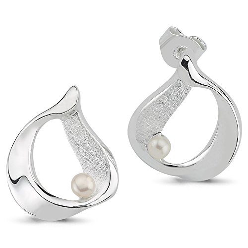Vinani Ohrstecker Tropfen Design geschwungen Süßwasserzuchtperle gebürstet glänzend Sterling Silber 925 Natur Perle Ohrringe 2OSO von Vinani