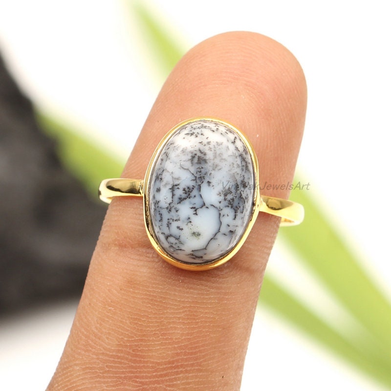 100% Natürlicher Dendrit Opal Edelstein Ring - 10x14mm Oval 18K Micron Vergoldeter 925 Sterling Silber Thanksgiving von VinayakJewelsArt