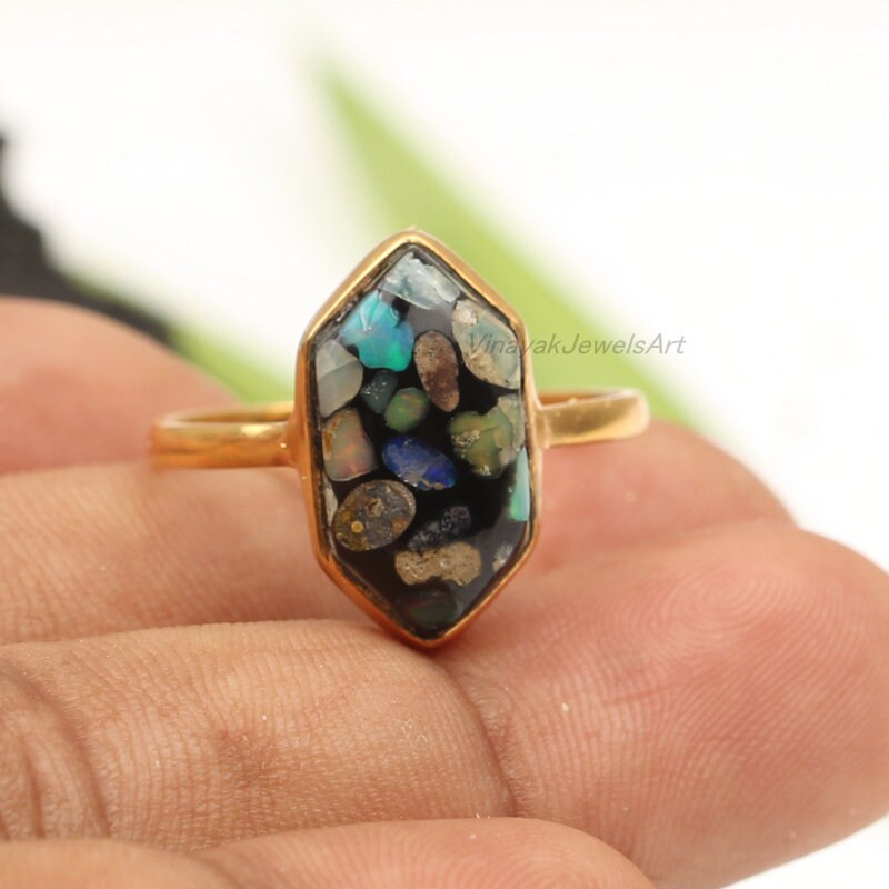 Aaa Schwarzer Opal Multi Fire Kupfer Ring - 8x16mm Hexagon 18K Micron Vergoldeter 925 Sterling Silber Geschenk Für Weihnachten von VinayakJewelsArt