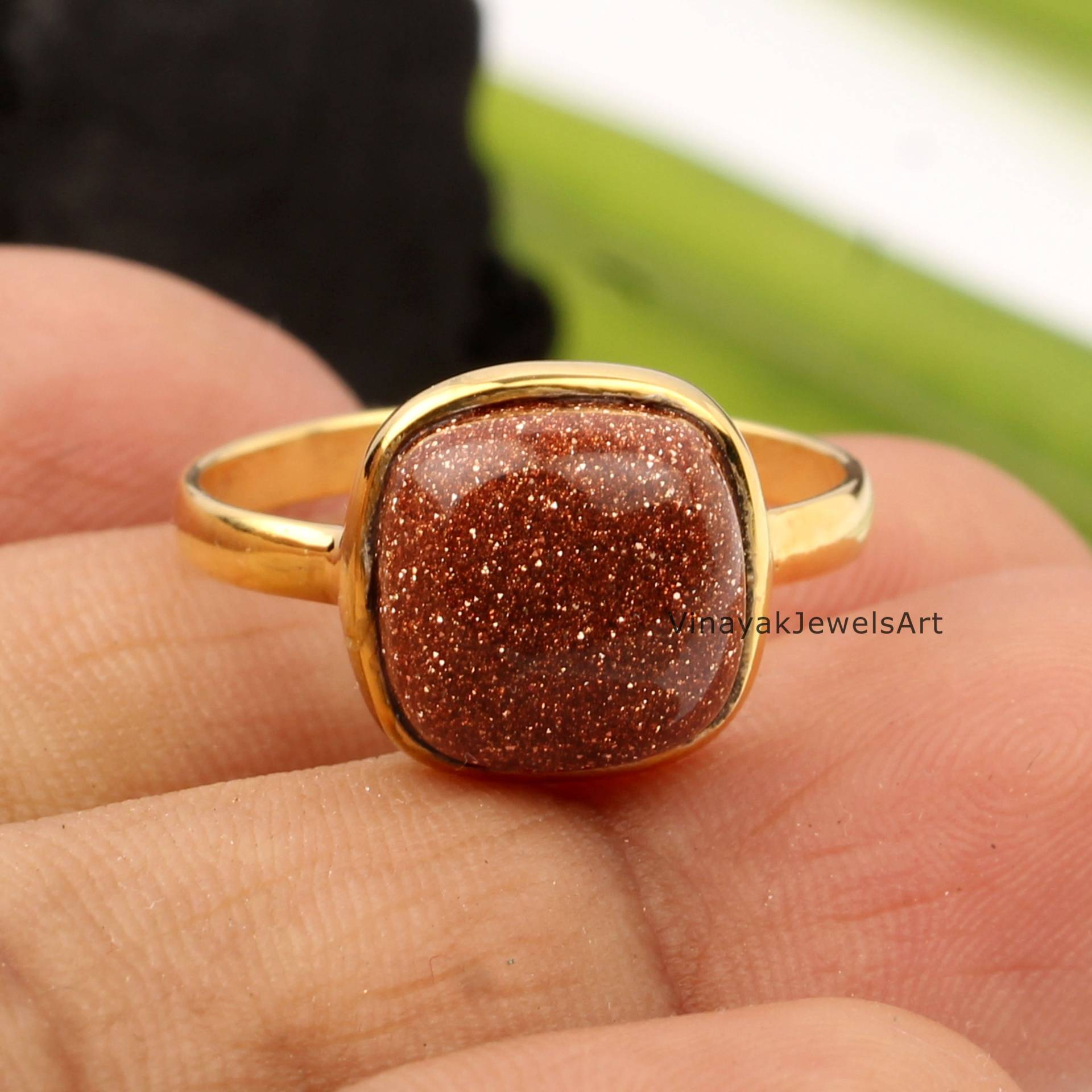 Brauner Goldstein Ring - 10x10mm Kissen 18K Micron Vergoldet 925 Sterling Silber Ring- Sandstein Ring, Geschenk Für Sie von VinayakJewelsArt