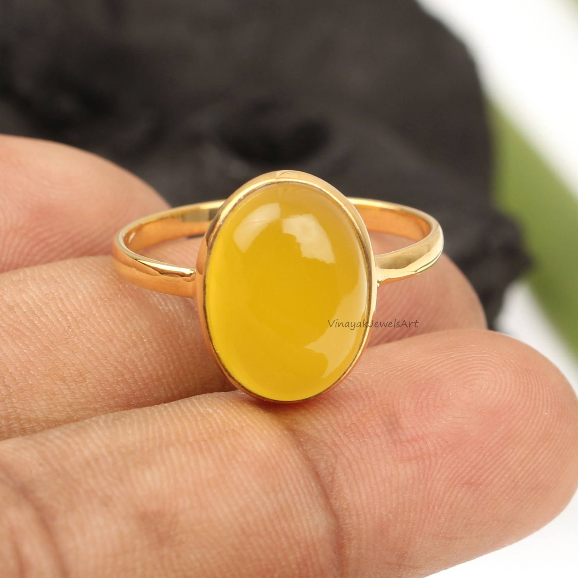 Gelber Chalcedon Ring - 10x14mm Ovaler 18K Micron Vergoldeter Edelstein Schmuck Mango Geschenk Für Sie von VinayakJewelsArt