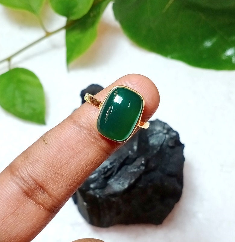 Grüner Onyx Edelstein Ring - 10x14mm Kissenform 925 Sterling Silber 18K Micron Vergoldet Geschenk Für Weihnachten von VinayakJewelsArt