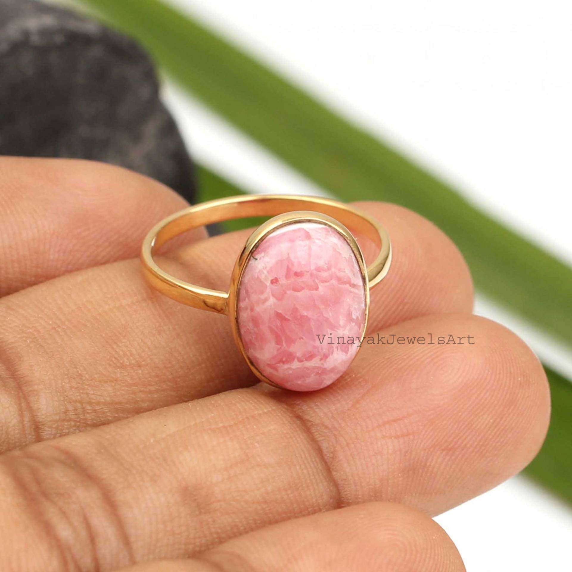 Natürliche Rhodochrosit Ring - 10 X 14mm Ovalen 925 Sterling Silber 18K Micron Vergoldet Statement Ringe Geschenk Für Sie von VinayakJewelsArt