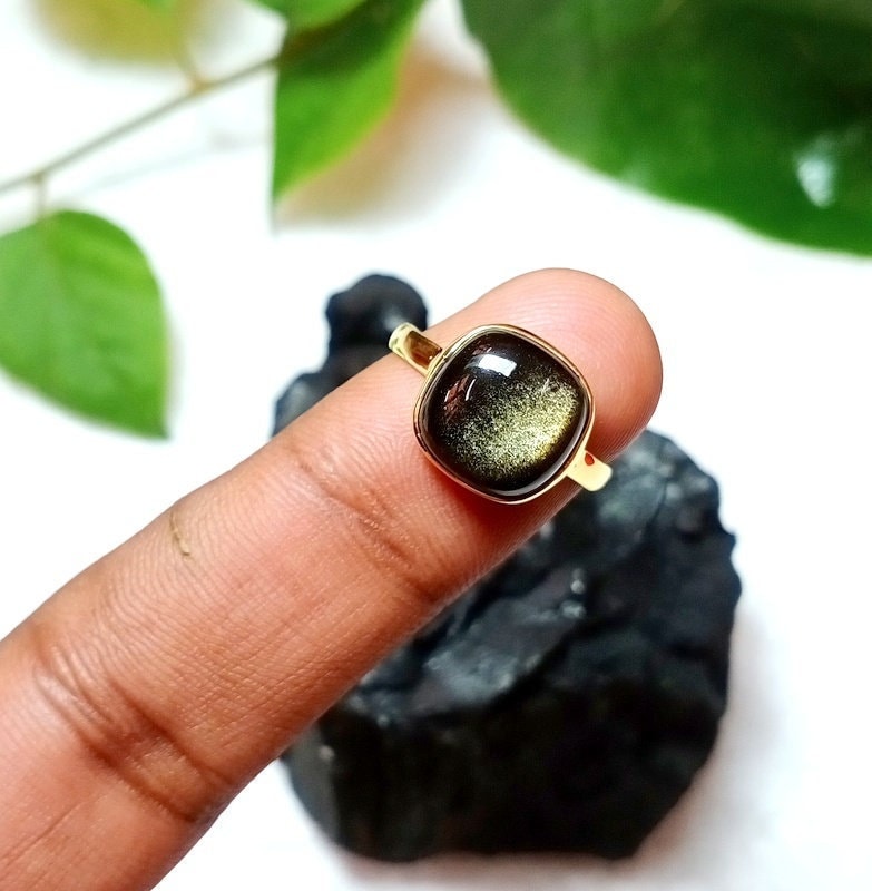 Natürlicher Gold Glanz Obsidian Ring - 10mm Kissen 925 Sterling Silber 18K Micron Vergoldet Schmuck von VinayakJewelsArt