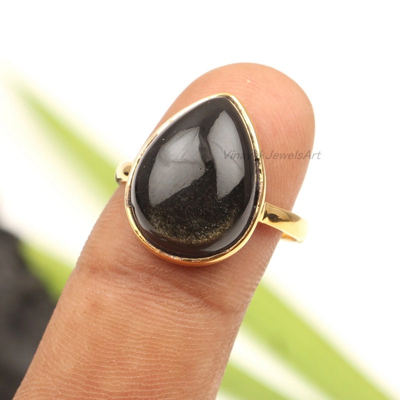 Natürlicher Gold Sheen Obsidian Edelstein Ring - 925 Sterling Silber 18K Micron Vergoldet 10x14mm Pear Thanksgiving von VinayakJewelsArt