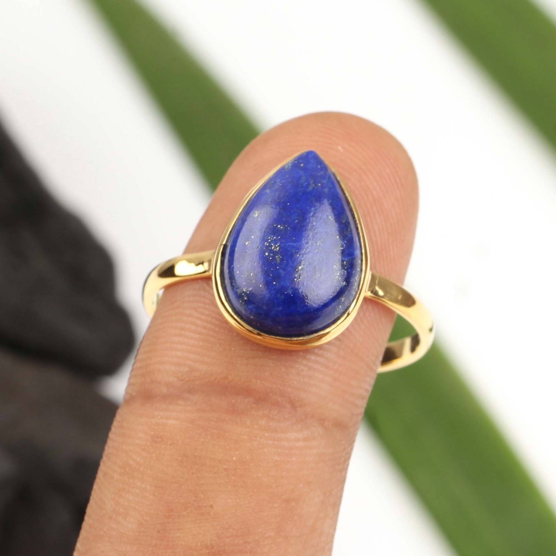 Natürlicher Lapis Edelstein Ring - 10x14mm Pear 925 Sterling Silber 18K Micron Vergoldeter Schmuck von VinayakJewelsArt