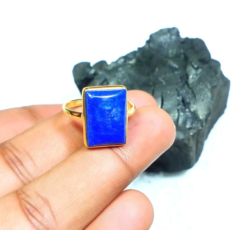 Natürlicher Lapis Lazuli Ring - 10x14mm Rechteck 925 Sterling Silber Schmuckring 18K Micron Vergoldeter Geschenk Für Mutter von VinayakJewelsArt