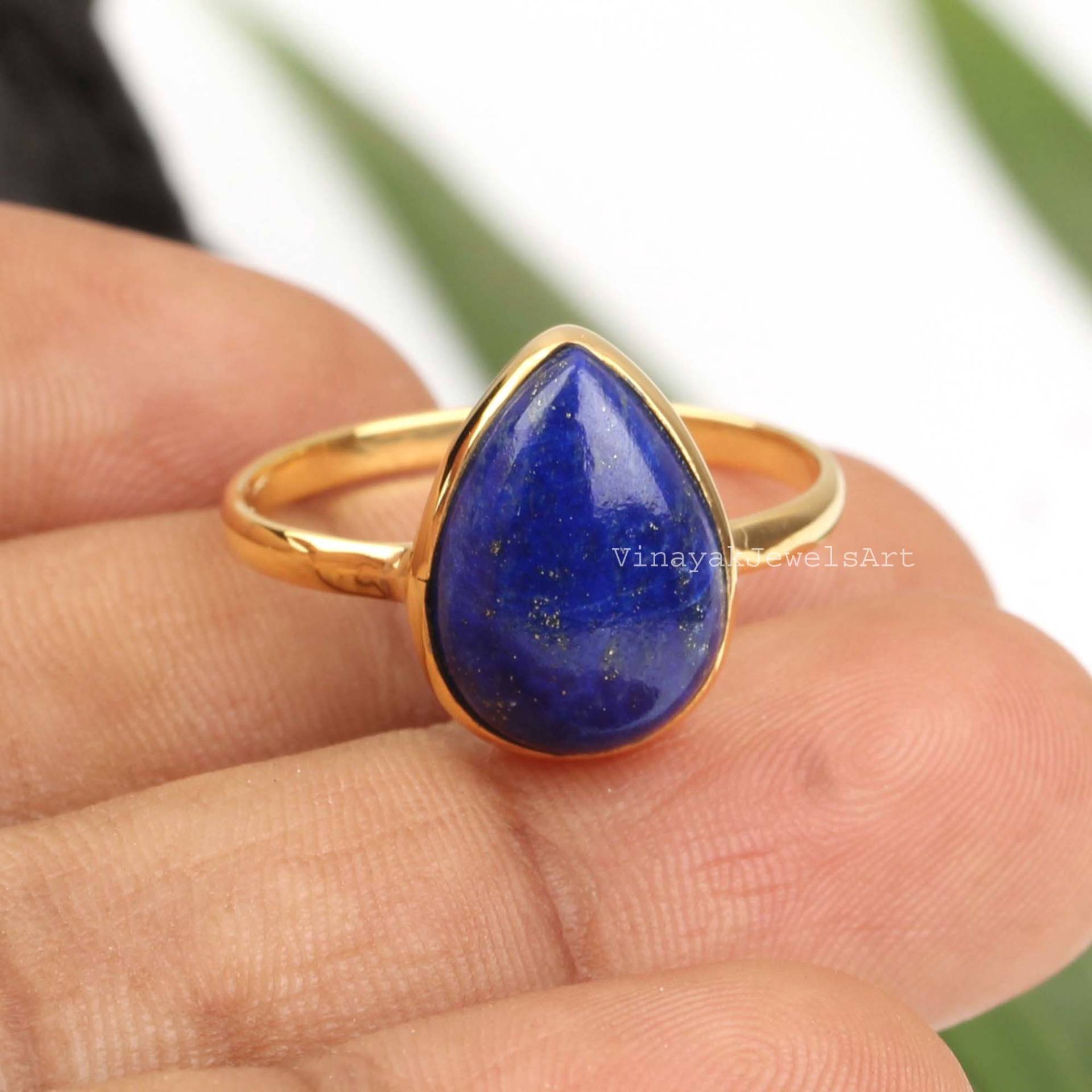 Natürlicher Lapis Ring - 10x14mm Pear 925 Sterling Silber 18K Micron Vergoldet Lazuli Geschenke Für Sie von VinayakJewelsArt