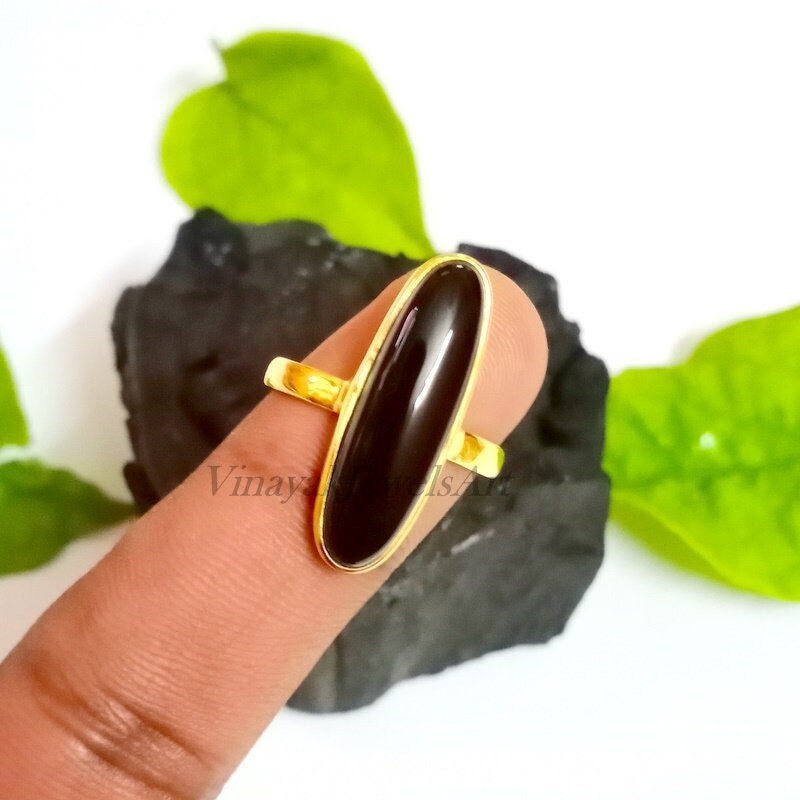 Natürlicher Schwarzer Onyx Ring - 8x25mm Oval Form 925 Sterling Silber 18K Vergoldeter Statement Geschenk Für Mutter von VinayakJewelsArt