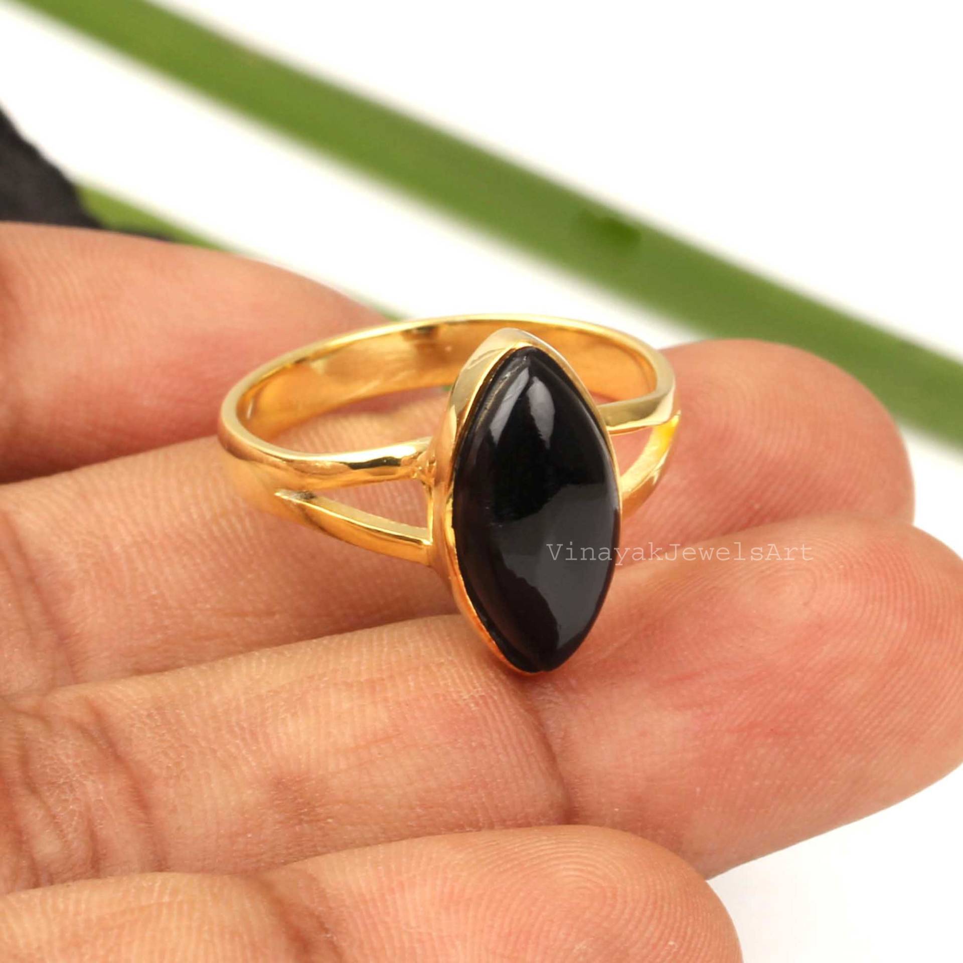 Schwarze Onyx Ring - 8 X 16mm Marquise Schwarz 18 K Micron Vergoldet 925 Silber Handgemachte Edelstein Geschenk Für Sie von VinayakJewelsArt