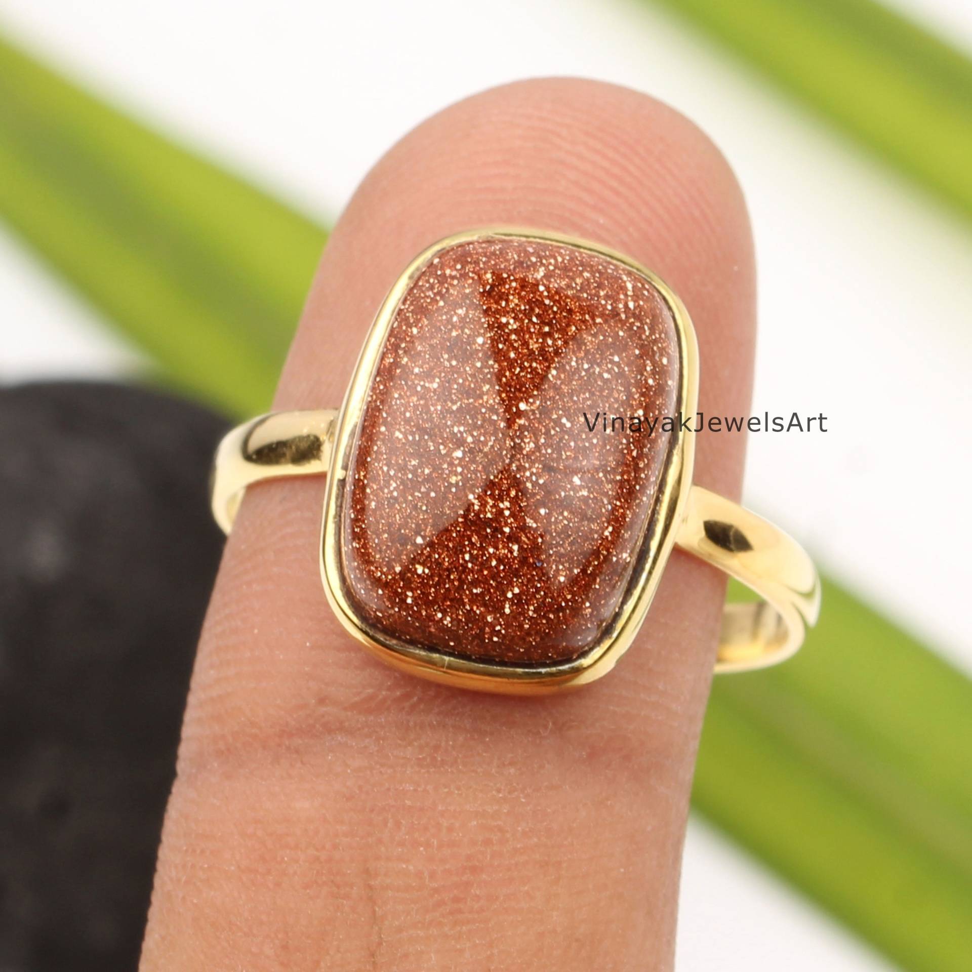 Wunderschöner Brauner Goldstein Ring - 10x14mm Kissen 18K Micron Vergoldet Silber Ring, Sandstein Geschenk Für Sie von VinayakJewelsArt