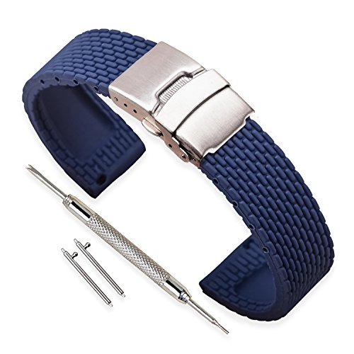 VINBAND Unisex Wasserfest Gummi Uhrenarmband mit Edelstahl Silber Faltschließe 18mm Blau von VINBAND