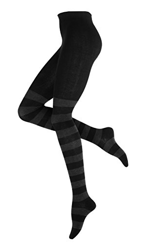 Vincent Creation Warme und Modische Damen Baumwoll Strumpfhose mit Blockstreifen, Strickstrumpfhose gemustert, 46/48 (XL), Schwarz-anthrazit von Vincent Creation