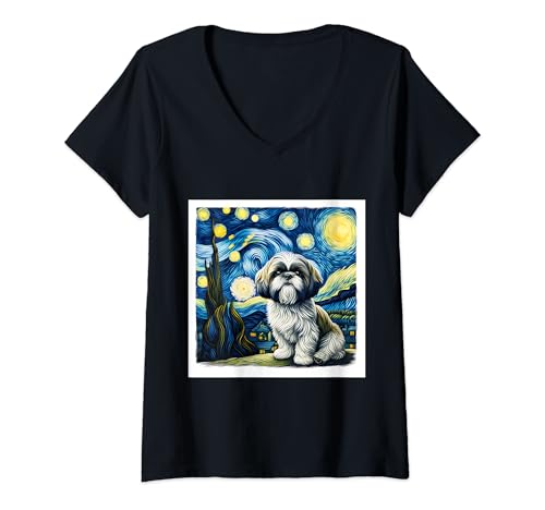 Damen Shih Tzu Sternennachthemd Vincent Van Gogh Art Dog T-Shirt mit V-Ausschnitt von Vincent Van Gogh Gifts and Famous Art Shirts