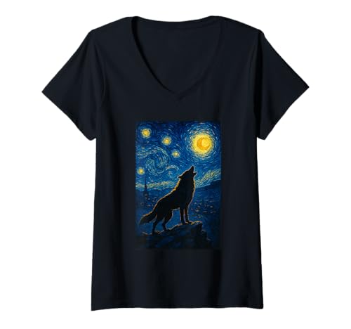 Damen Sternennacht Van Gogh inspirierte Wolfsliebhaber-Kunst T-Shirt mit V-Ausschnitt von Vincent Van Gogh Wolves Designs Co.