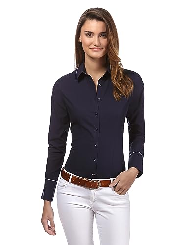 Vincenzo Boretti Damen Bluse leicht tailliert 100% Baumwolle bügelleicht Langarm Hemdbluse elegant festlich Kent-Kragen auch für Business und unter Pullover dunkelblau 34 von Vincenzo Boretti