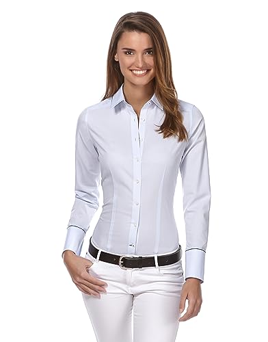 Vincenzo Boretti Damen Bluse leicht tailliert 100% Baumwolle bügelleicht Langarm Hemdbluse elegant festlich Kent-Kragen auch für Business und unter Pullover eisblau 34 von Vincenzo Boretti