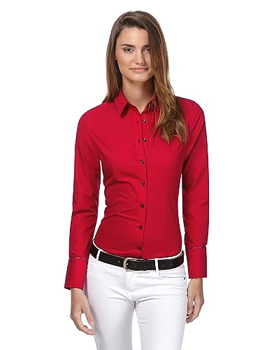 Vincenzo Boretti Damen Bluse leicht tailliert 100% Baumwolle bügelleicht Langarm Hemdbluse elegant festlich Kent-Kragen auch für Business und unter Pullover rot 36 von Vincenzo Boretti