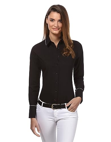 Vincenzo Boretti Damen Bluse leicht tailliert 100% Baumwolle bügelleicht Langarm Hemdbluse elegant festlich Kent-Kragen auch für Business und unter Pullover schwarz 34 von Vincenzo Boretti