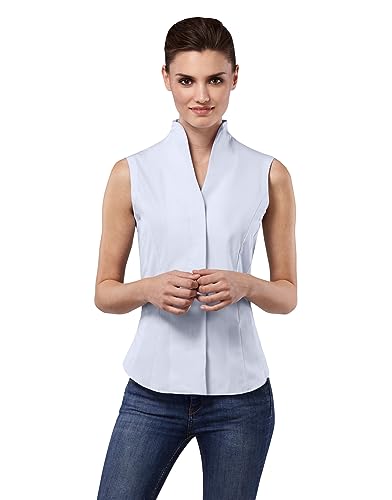 Vincenzo Boretti Damen Bluse mit Kelchkragen leicht tailliert 100% Baumwolle bügelleicht Kurzarm ärmellos Hemdbluse mit Stehkragen elegant festlich auch für Business hellblau 36 von Vincenzo Boretti