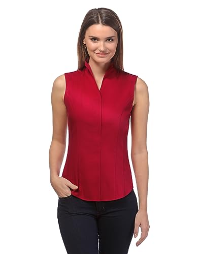 Vincenzo Boretti Damen Bluse mit Kelchkragen leicht tailliert 100% Baumwolle bügelleicht Kurzarm ärmellos Hemdbluse mit Stehkragen elegant festlich auch für Business rot 40 von Vincenzo Boretti