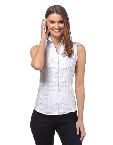 Vincenzo Boretti Damen Bluse mit Kelchkragen leicht tailliert 100% Baumwolle bügelleicht Kurzarm ärmellos Hemdbluse mit Stehkragen elegant festlich auch für Business weiß/blau 38 von Vincenzo Boretti