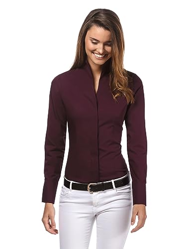 Vincenzo Boretti Damen Bluse mit Kelchkragen leicht tailliert 100% Baumwolle bügelleicht Langarm Hemdbluse mit Stehkragen elegant festlich auch für Business aubergine 36 von Vincenzo Boretti