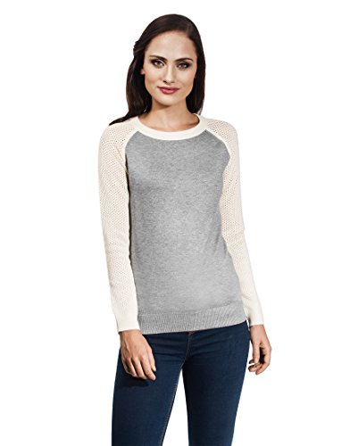 Vincenzo Boretti Damen Pullover Rundhals Ausschnitt R-Neck modern elegant Chick edel weich Strick-Pullover Ärmel in farblich abgesetztem Lochmuster grau L von Vincenzo Boretti