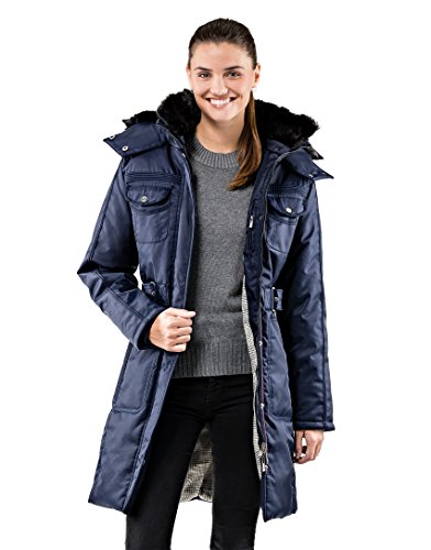 Vincenzo Boretti Damen Winter-Jacke dick warm gefüttert Parka kuschelig sportlich elegant Winter-Mantel knie-lang für Outdoor Business Steh-Kragen Kapuze Kunstfell herausnehmbar dunkelblau S von Vincenzo Boretti