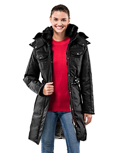 Vincenzo Boretti Damen Winter-Jacke dick warm gefüttert Parka kuschelig sportlich elegant Winter-Mantel knie-lang für Outdoor Business Steh-Kragen Kapuze Kunstfell herausnehmbar schwarz XS von Vincenzo Boretti