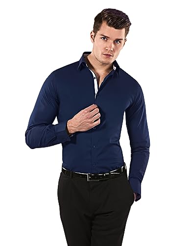 Vincenzo Boretti Herren Hemd Body-fit (besonders Slim-fit tailliert) Uni bügelleicht dunkelblau/weiß 41-42 von Vincenzo Boretti