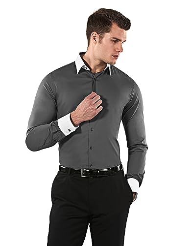 Vincenzo Boretti Herren Hemd Body-fit (besonders Slim-fit tailliert) Uni bügelleicht dunkelgrau/weiß 39-40 von Vincenzo Boretti