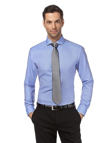 Vincenzo Boretti Herren Hemd Haifisch-Kragen bügelfrei 100% Baumwolle Slim-fit Uni-Farben blau 37-38 von Vincenzo Boretti