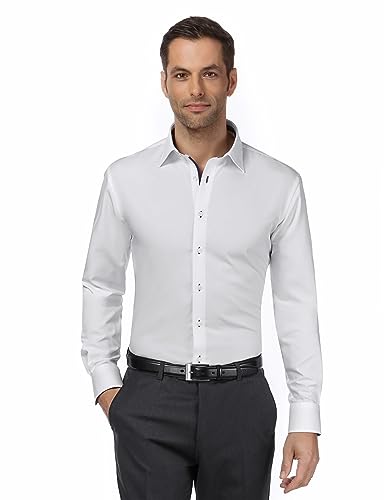 Vincenzo Boretti Herren Hemd bügelfrei 100% Baumwolle Slim-fit Uni-Farben dunkelblau/weiß 37-38 von Vincenzo Boretti