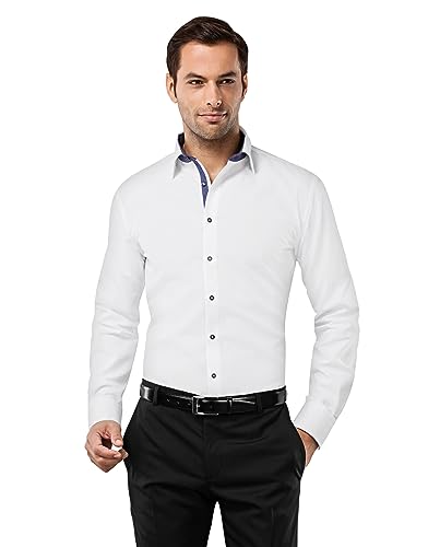 Vincenzo Boretti Herren Hemd bügelfrei 100% Baumwolle Slim-fit Uni-Farben weiß/dunkelblau 37-38 von Vincenzo Boretti