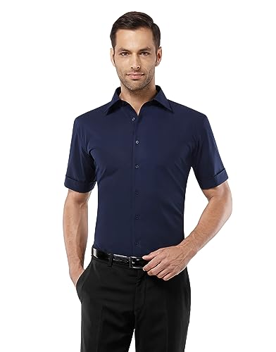 Vincenzo Boretti Herren Hemd kurz-arm bügelfrei 100% Baumwolle Slim-fit Uni-Farben dunkelblau 39-40 von Vincenzo Boretti