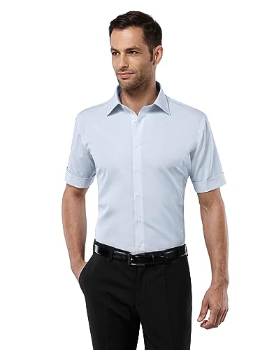 Vincenzo Boretti Herren Hemd kurz-arm bügelfrei 100% Baumwolle Slim-fit Uni-Farben hellblau 37-38 von Vincenzo Boretti