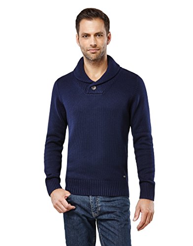 Vincenzo Boretti Herren-Pullover Schalkragen Slim-fit tailliert Strick-Pullover einfarbig Baumwolle-Mix edel elegant warm dick Grob-Strick für Business oder Casual dunkelblau S von Vincenzo Boretti