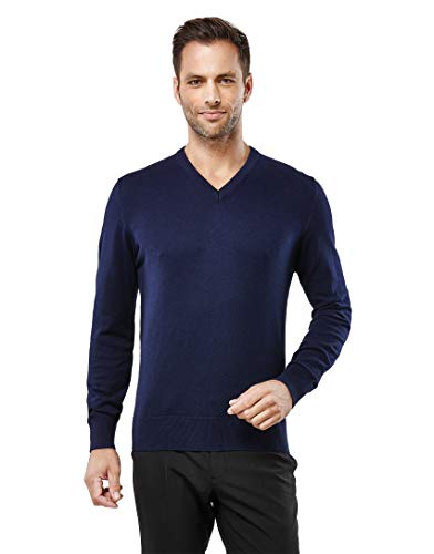 Vincenzo Boretti Herren-Pullover V-Ausschnitt Slim-fit tailliert Strick-Pullover V-Neck einfarbig Baumwolle-Mix edel elegant leicht Fein-Strick für Business oder Casual dunkelblau S von Vincenzo Boretti