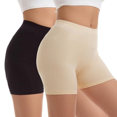 Vinconie Leggins Damen Kurz Knie Leggings Shorts Für Kleider Unterhose Boyshorts, 2 Pack: Schwarz & Beige, Medium / (42 44) von Vinconie