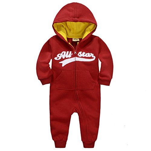 Vine Maedchen Jungen Overalls mit Kapuze Hoodie Jumpsuit Kinder Strampler Spielanzug Langarm-Body Trainingsnazug Reißverschluss,Rot,73 cm (6-12 Monate) von Vine