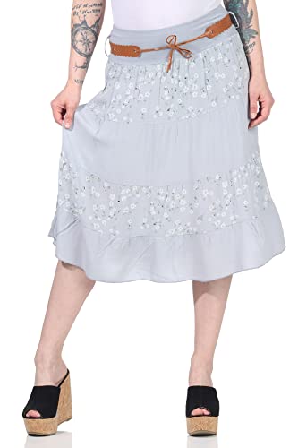 Zarmexx Damen Midirock Baumwollrock Sommerrock Knielang mit Gürtel Rock mit Blumenmuster (hellgrau) von Vineen