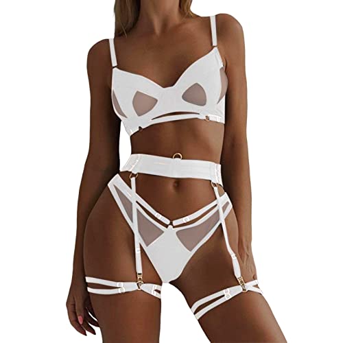 Damen-Unterwäsche-Set Spitzen-Unterwäsche und Unterwäsche-Set Träger-Spitzen-Unterwäsche Sexy Unterwäsche Metallkette Sexy Unterwäsche Sexy Damen Dreiteiliges Set Body Dessous Schwarz (B2-White, S) von Vinesand